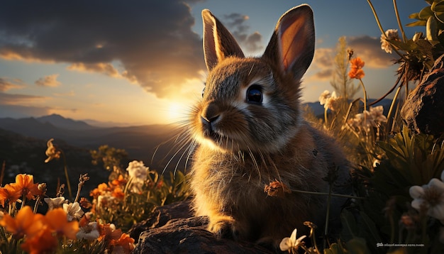無料写真 人工知能によって生成された自然を楽しむ草原に座るふわふわの赤ちゃんウサギ