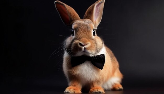 Fluffy baby rabbit wears bow tie portrait generated by AI