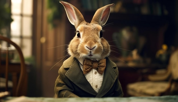 Fluffy bunny with bow tie poses confidently indoors generated by AI