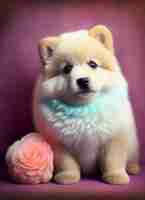 Free photo a fluffy dog with a blue scarf on sits next to a pink flower.