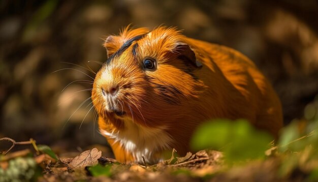 ふわふわのモルモットが AI によって生成された牧草地で草を食べる