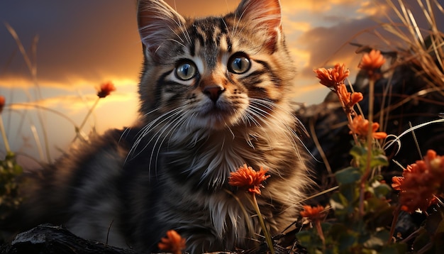Foto gratuita un gattino peloso seduto nell'erba che fissa il tramonto giocoso generato dall'intelligenza artificiale