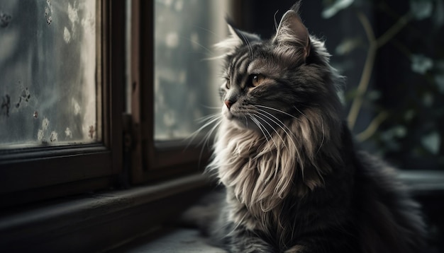 Foto gratuita gattino birichino seduto sul davanzale della finestra che fissa lo sguardo generato dall'intelligenza artificiale