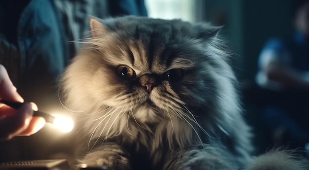 Пушистый персидский котенок игриво смотрит с усами на генеративном искусственном интеллекте
