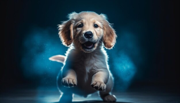 Fluffy puppy sitting looking at camera indoors generated by AI