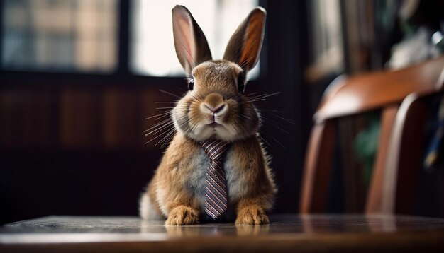 Fluffy rabbit sits charmingly on wooden table generated by AI