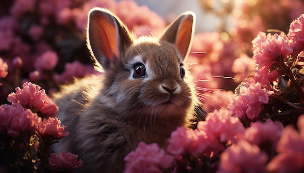 Fluffy rabbit sitting in grass enjoying nature beauty generated by artificial intelligence