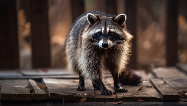 Fluffy raccoon sitting in the wood forest generated by AI