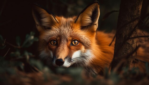 Fluffy red fox sitting in snowy forest generated by AI