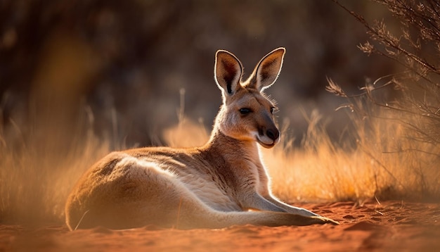 Foto gratuita soffice orecchio di wallaby nel tranquillo prato al tramonto generato dall'intelligenza artificiale