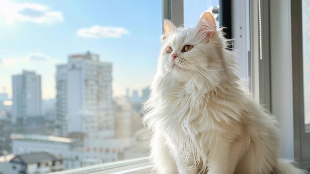 Free photo a fluffy white cat perched on a sunny windowsill overlooking the city skyline