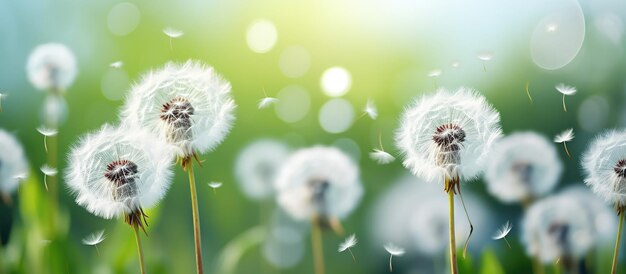 Fluffy white dandelions against greenery