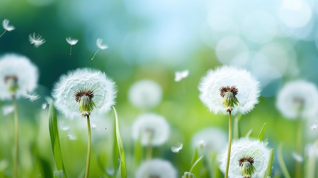 Fluffy white dandelions against greenery