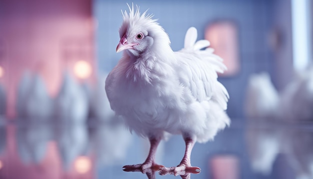 Fluffy yellow chick standing in farm looking at camera generated by artificial intelligence
