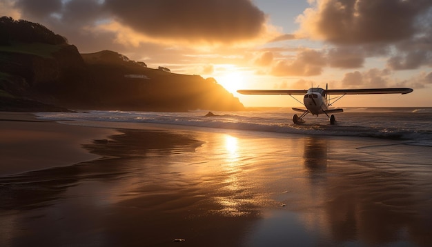 Free photo flying airplane at sunset over water nature beauty in motion generated by artificial intelligence