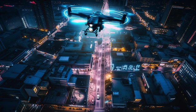 Летающие автомобили освещают горизонт современного города в сумерках, созданный искусственным интеллектом