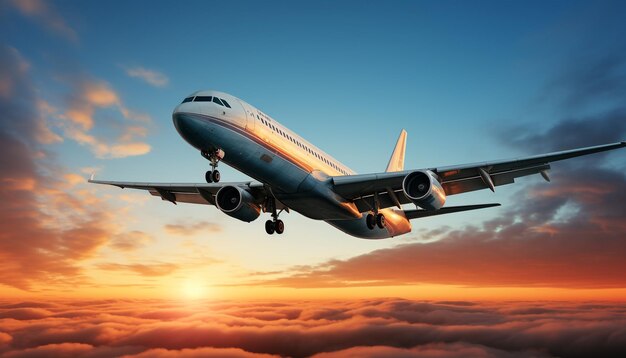 Flying commercial airplane in sunset business travel mode generated by AI