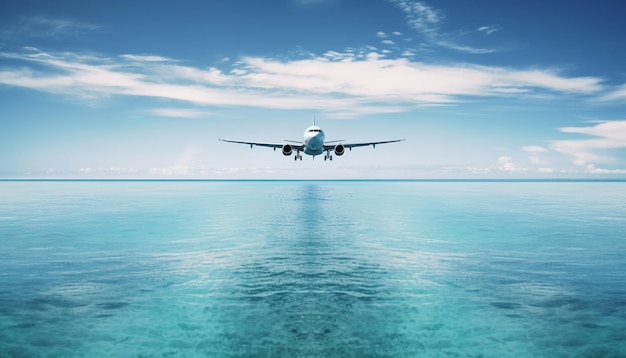 Free photo flying commercial airplane taking off into bright blue sky generated by ai