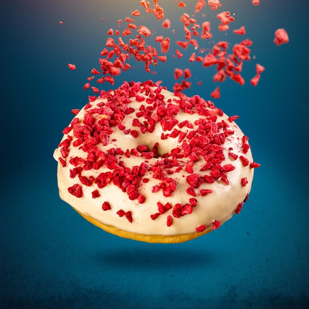 Flying donut with icing decorated with lyophilized strawberries on blue