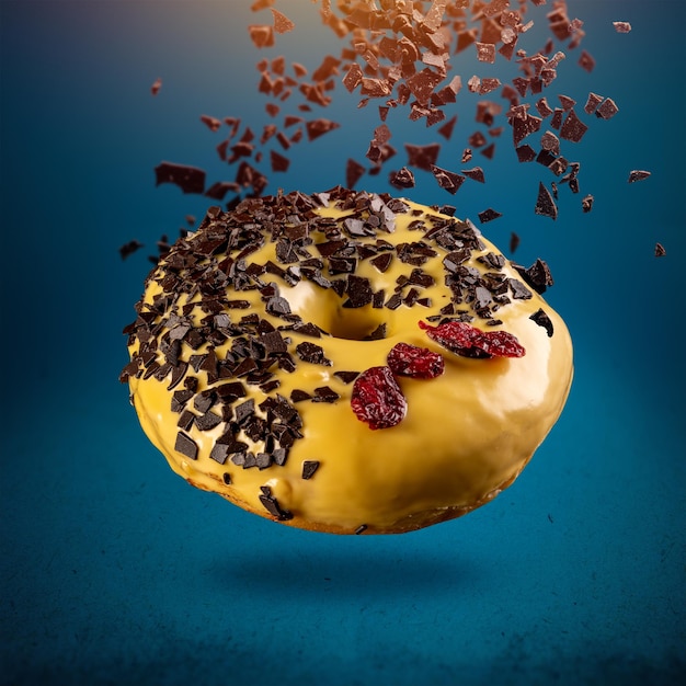 Flying donut in yellow glaze with chocolate flakes and dried cranberries on blue