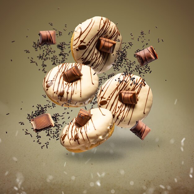 Flying donuts concept. Donuts with white chocolate glaze and chocolate