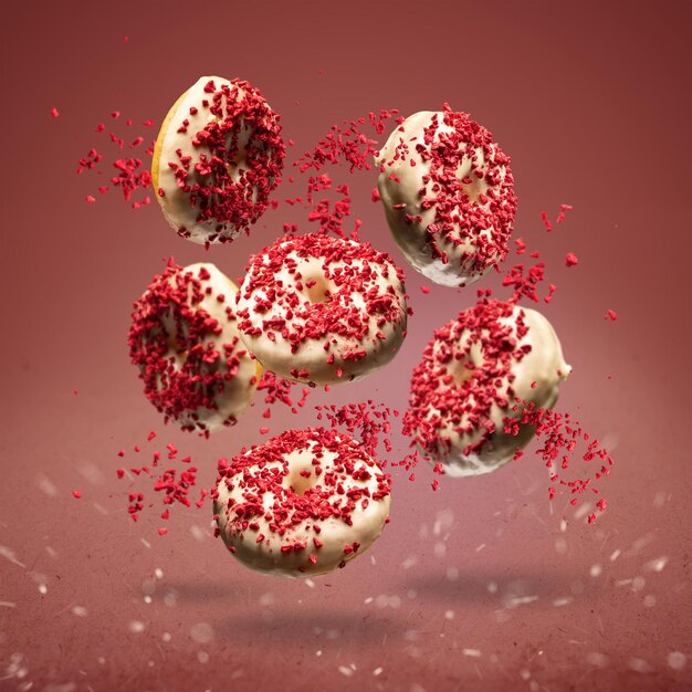 Flying donuts glazed with white chocolate decorated with lyophilized strawberries on red