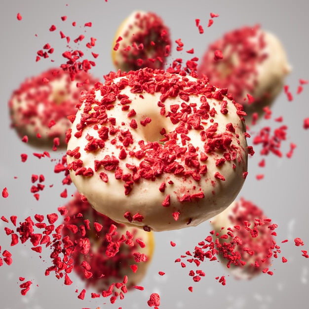 Flying donuts glazed with white chocolate decorated with lyophilized strawberries on red
