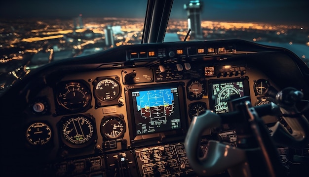 AIによって生成された照明付きの民間航空機が夕暮れ時に高く飛ぶ