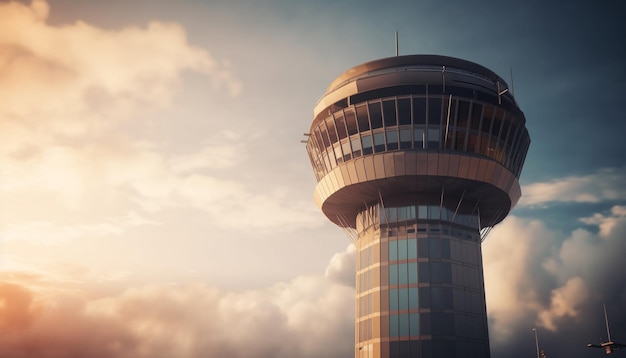 Free photo flying high modern travel architecture reflects sunset generated by ai