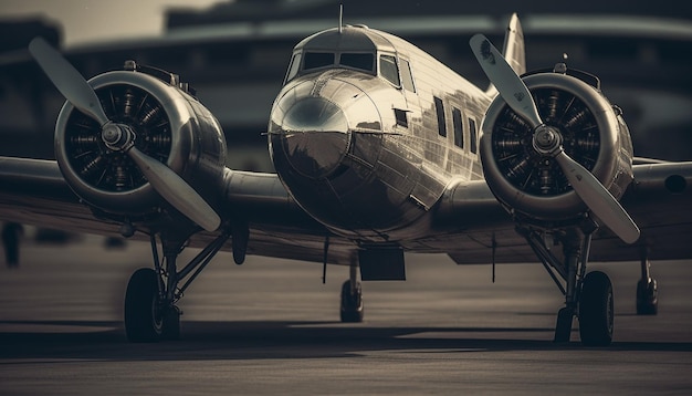 Free photo flying military fighter plane propeller engine black and white history generated by ai