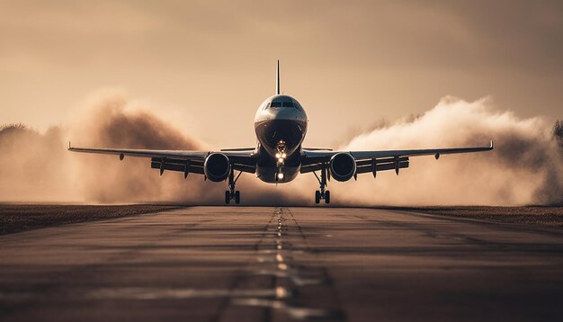 AIが生成した青い夕焼け空に飛び立つ旅客機