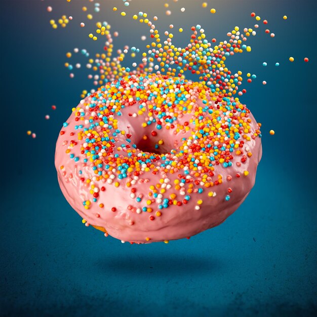 Flying pink donut decorated with colorful sprinkles on blue