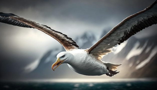 Flying seagull spreads wings mid air above water generated by AI