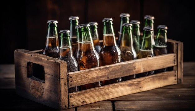 Бутылка пенистого пива на деревенском деревянном столе, созданная ИИ