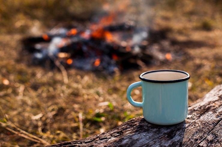 Free Photo focused blue cup of coffee and burned out campfire