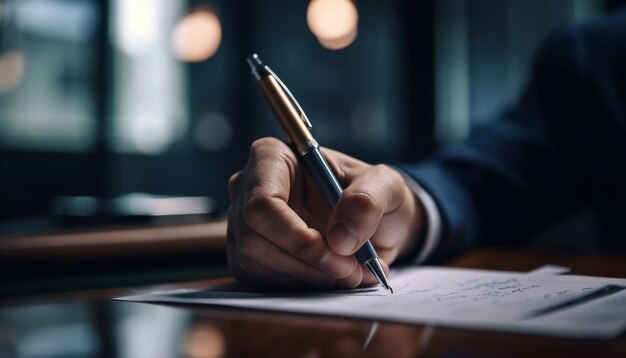 Focused businessman signs documents in corporate meeting generated by AI