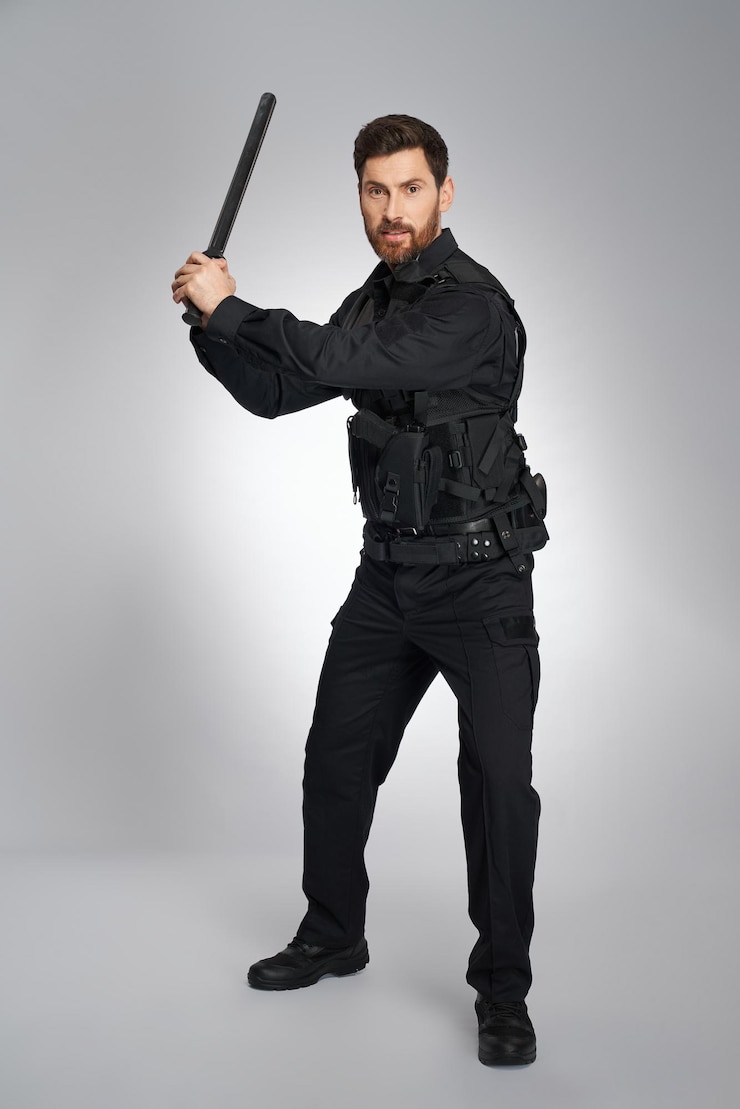 Free Photo focused caucasian police officer brandishing with police baton front view of darkhaired guy in