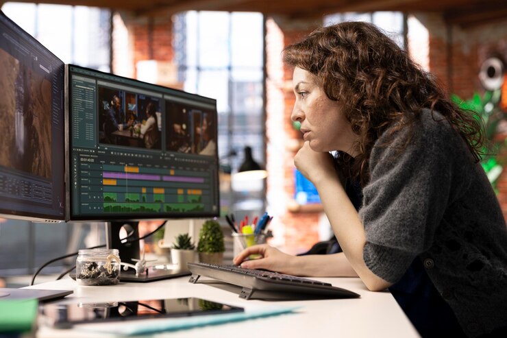 Free Photo focused editor woman works on video montage in a creative software