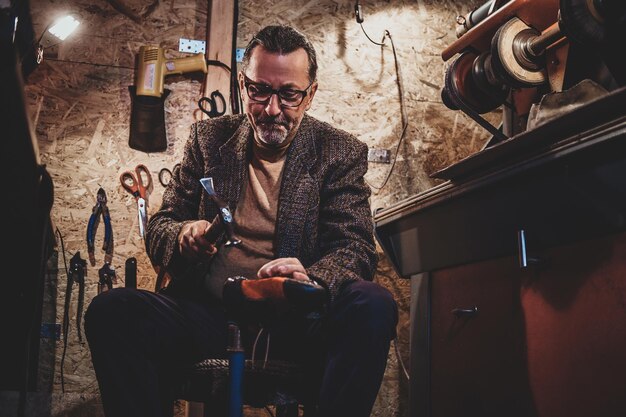 Focused mature cobbler is fixing sole for boots using hammer.