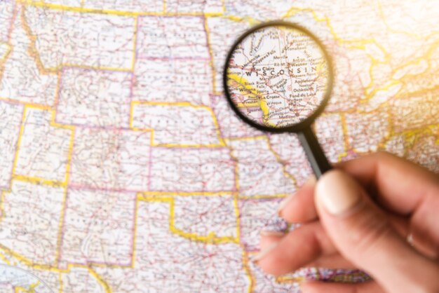 Focused wisconsin state with magnifying glass
