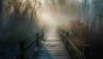 Free photo foggy footbridge leads to mysterious autumn forest generated by ai