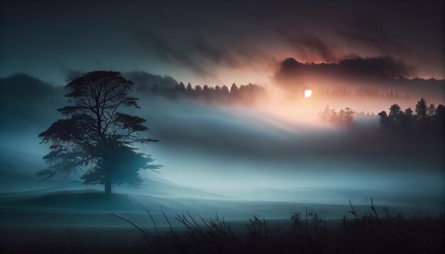 AIが生成する霧の森の風景の暗いシルエットの神秘的な雰囲気