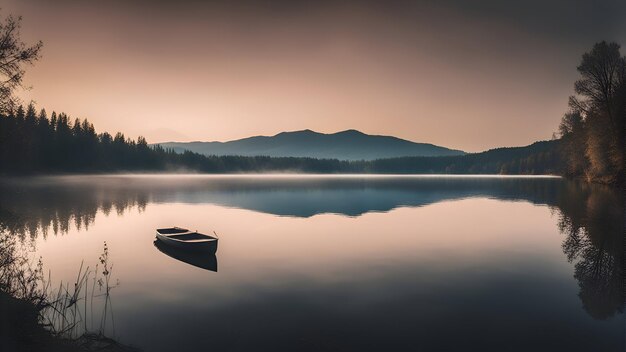 Foggy morning on the lake with boat in the foreground and mountains in the background