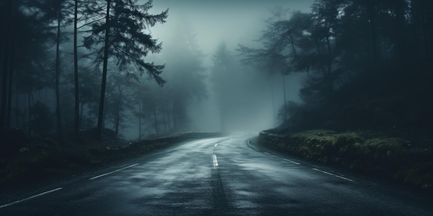 Free photo a foggy road winds through a green forest inviting exploration