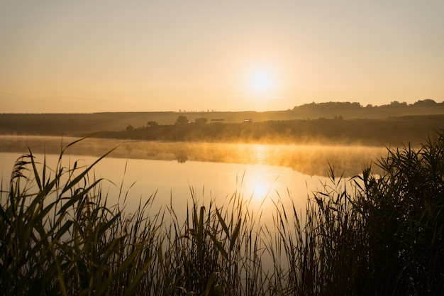 霧深い夏の湖の日の出。霧深い夏の朝のスペリオル湖の日の出