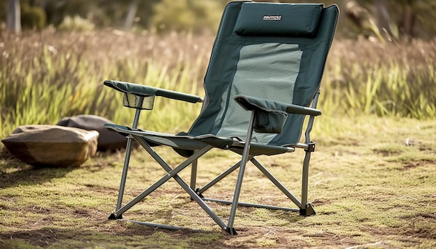 Folding chair under tree child toy nearby generated by AI