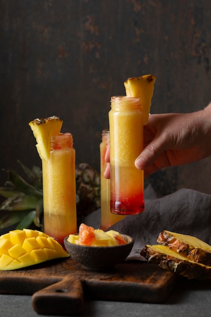 Font view drinks with exotic fruits