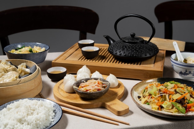 Food arrangement and tea pot still life