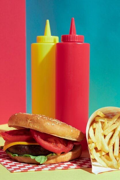 Food arrangement with sauce bottles and burger 