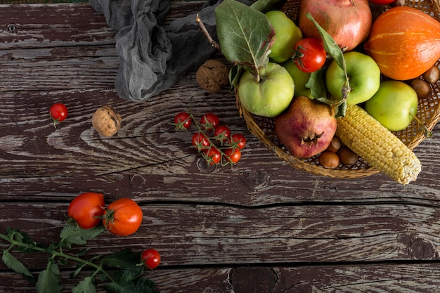 Food arrangement on wooden background